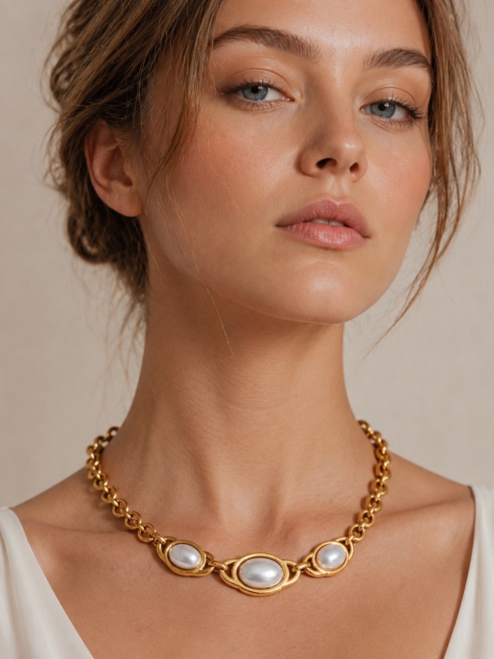 Gold Pearl-Link Statement Necklace Stainless Steel Waterproof